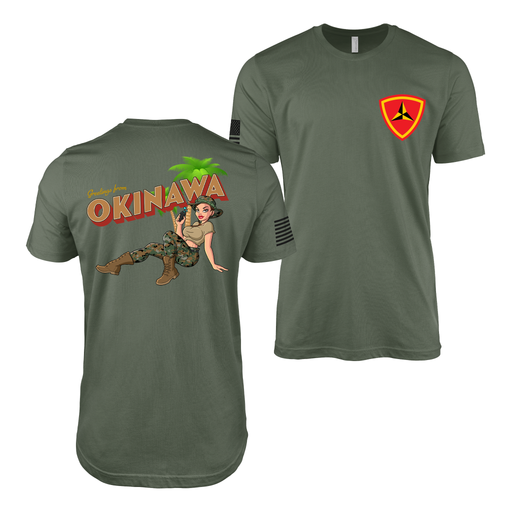 Greetings from Okinawa: Yesi USMC Pin-Up Girl T-Shirt Tactically Acquired Military Green Small 3rd Marine Division