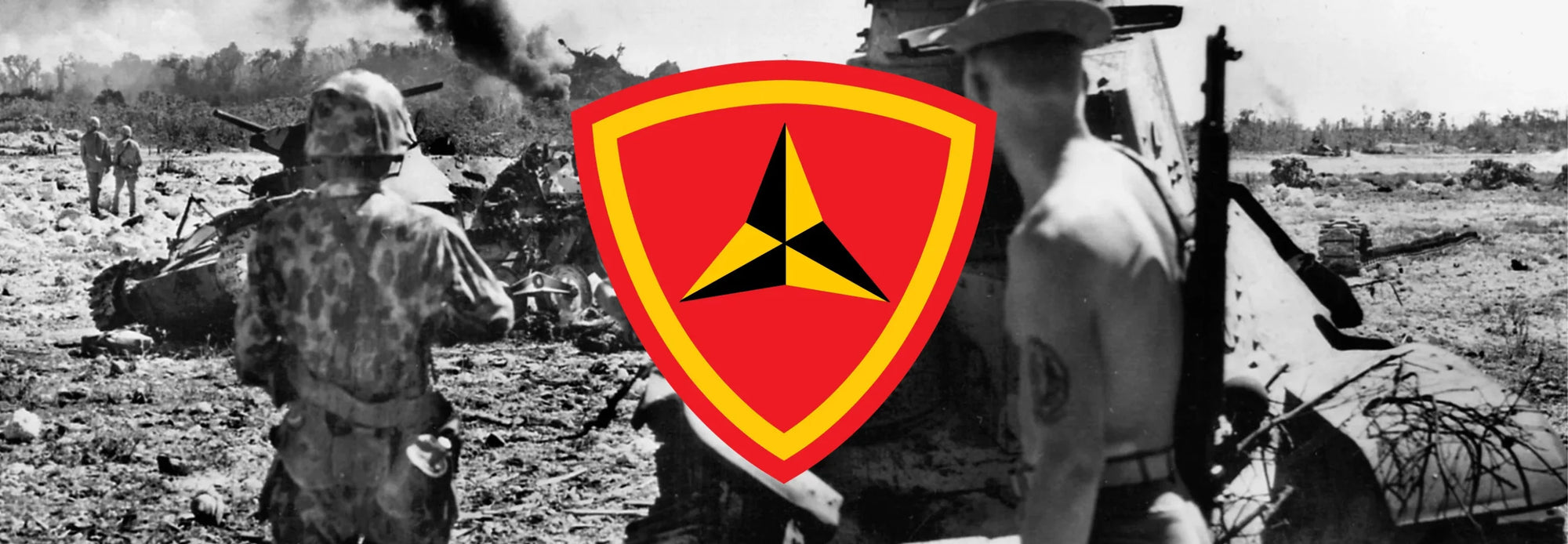 3rd Marine Division During WW2 on the island of Peleliu featuring the emblem of the division in the center 