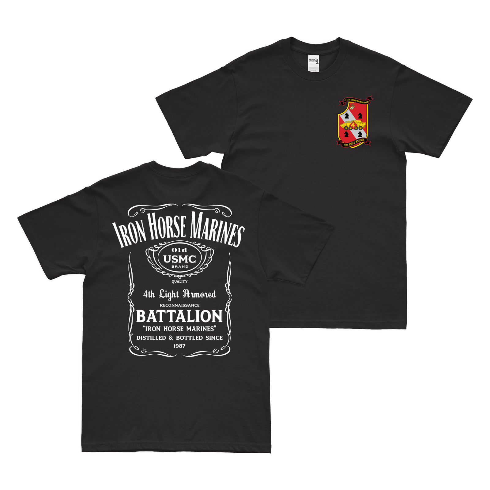Double-Sided 4th LAR Whiskey Label USMC T-Shirt Tactically Acquired Black Small 