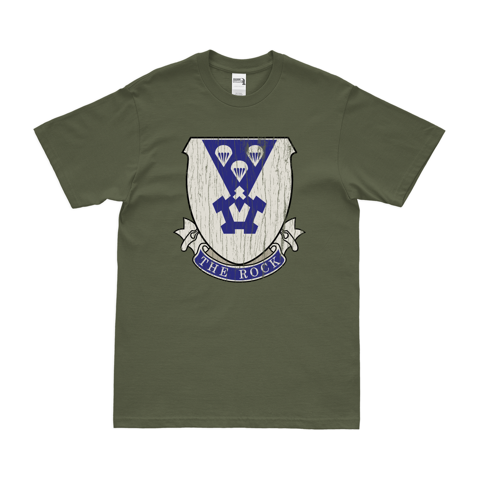 503rd Airborne Infantry Regiment 'The Rock' T-Shirt Tactically Acquired Military Green Distressed Small