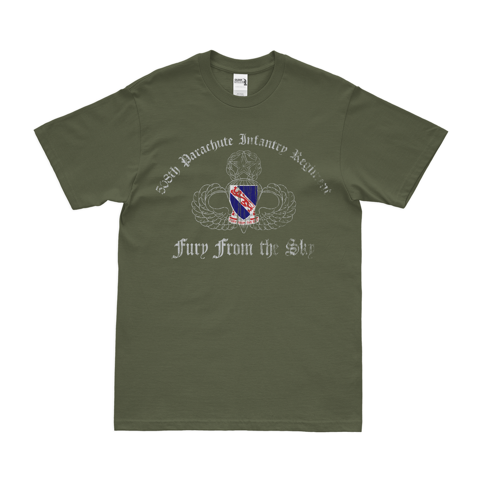 508th Parachute Infantry Regiment (508th PIR) Jump Wings T-Shirt Tactically Acquired Military Green Distressed Small