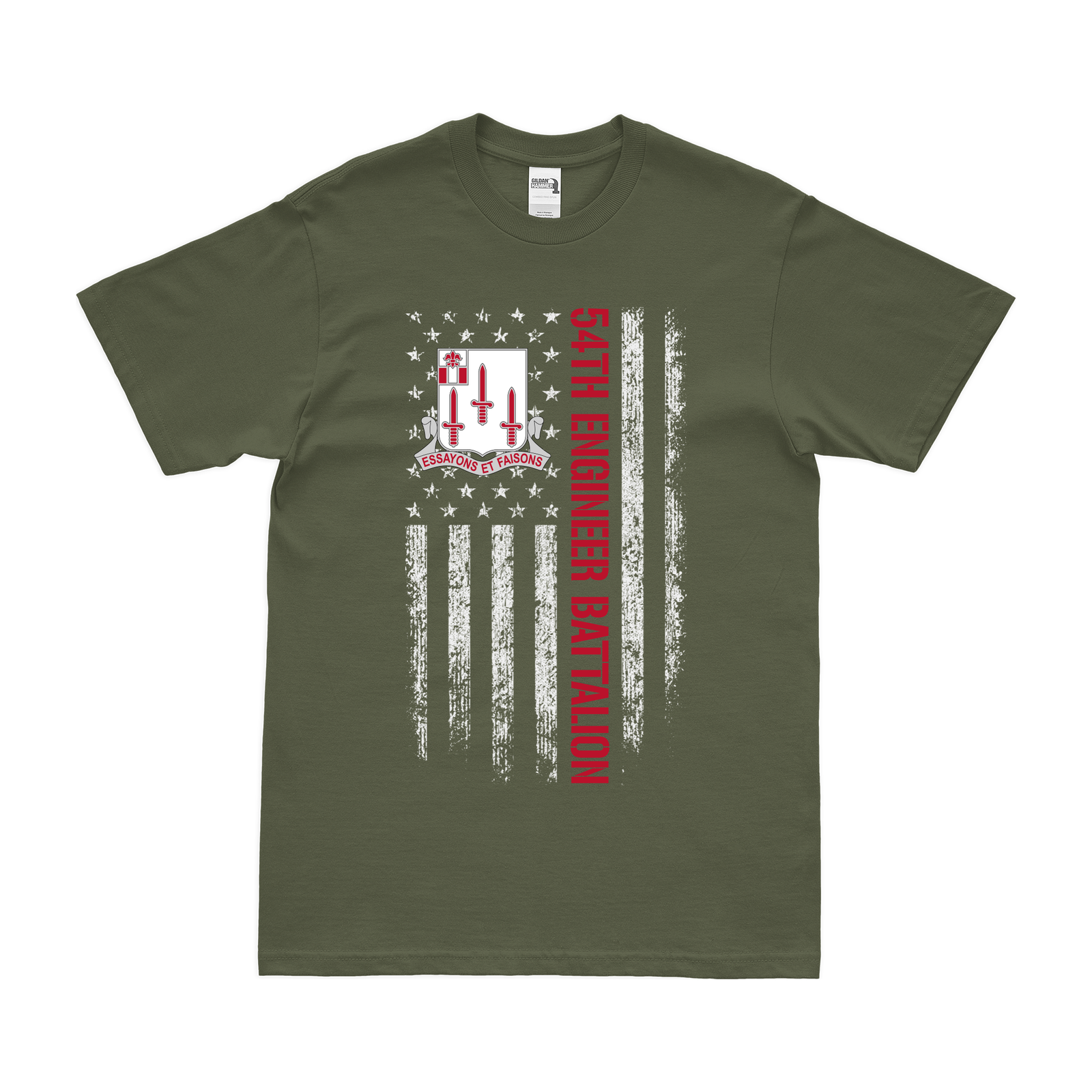 54th Engineer Battalion American Flag T-Shirt Tactically Acquired Small Military Green 