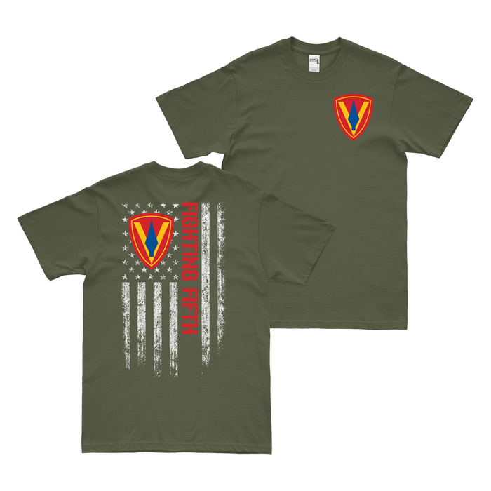 Double-Sided 5th Marine Division Motto American Flag T-Shirt Tactically Acquired Military Green Small 