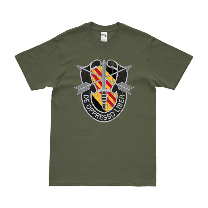 5th SFG (A) De Oppresso Liber Emblem T-Shirt Tactically Acquired Military Green Distressed Small