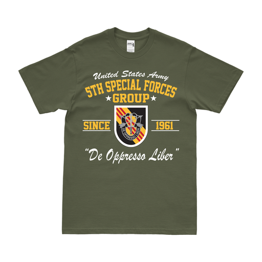 5th Special Forces Group (5th SFG) Since 1961 T-Shirt Tactically Acquired Military Green Clean Small