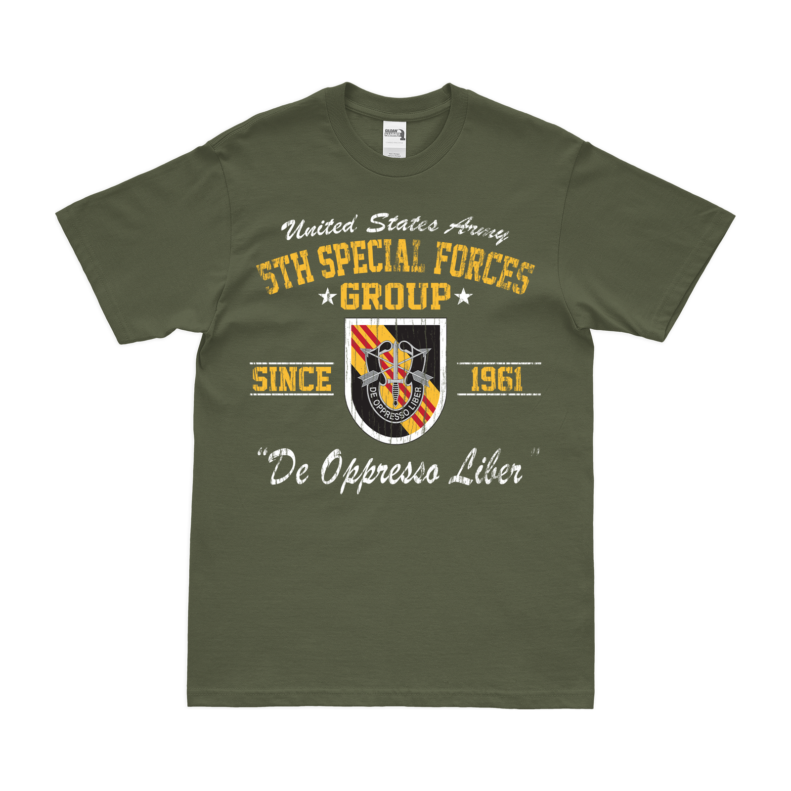 5th Special Forces Group (5th SFG) Since 1961 T-Shirt Tactically Acquired Military Green Distressed Small