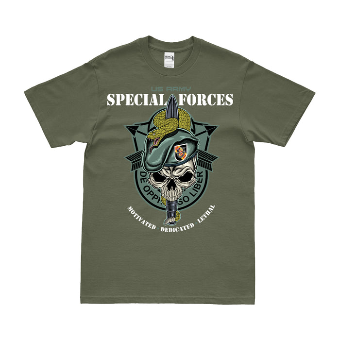 5th Special Forces Group (5th SFG) Snake Eaters Skull T-Shirt Tactically Acquired Small Military Green 