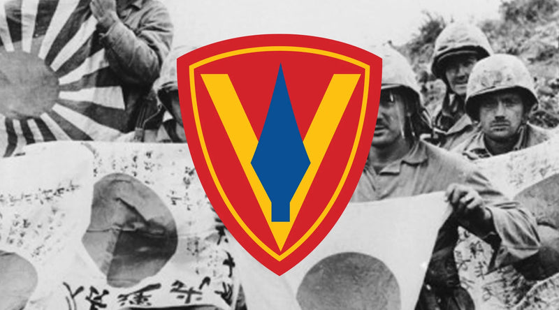 5th Marine Division Fighting on Iwo Jima WW2 featuring the 5th MARDIV Logo.