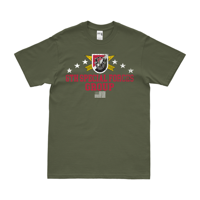 Patriotic 6th Special Forces Group (6th SFG) T-Shirt Tactically Acquired Military Green Distressed Small