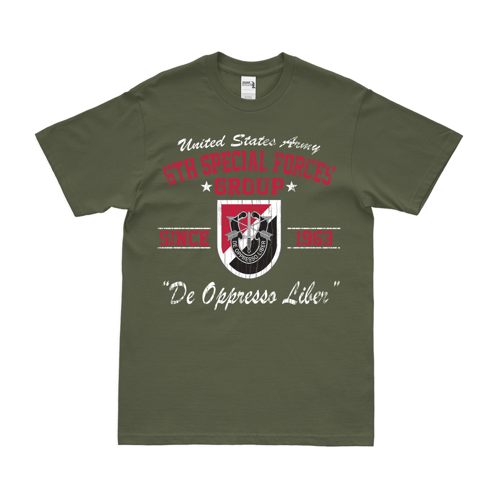 6th Special Forces Group (6th SFG) Since 1963 T-Shirt Tactically Acquired Military Green Distressed Small