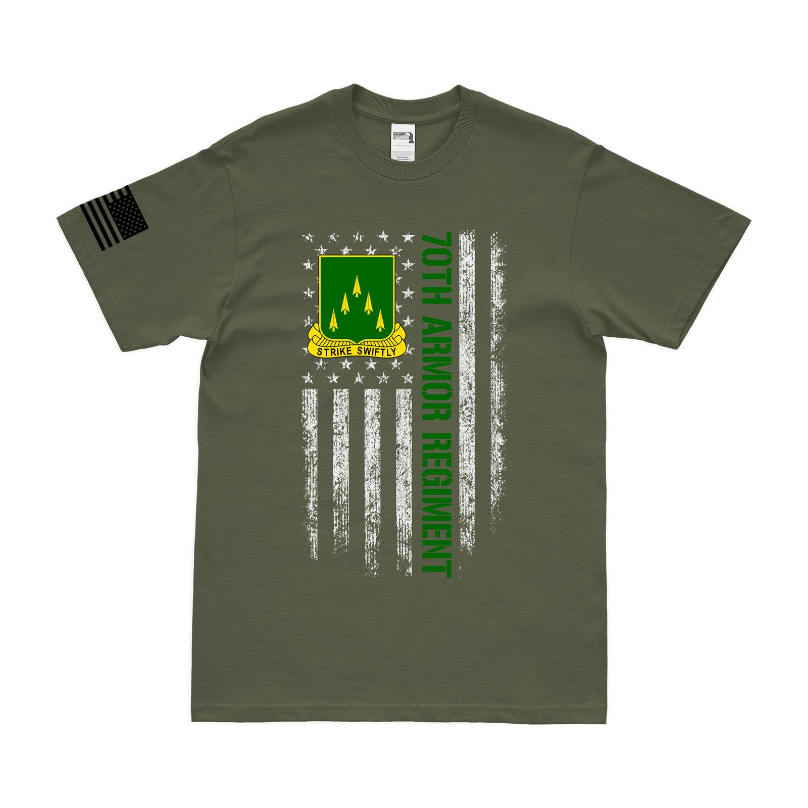 U.S. Army 70th Armor Regiment American Flag T-Shirt Tactically Acquired Military Green Small 