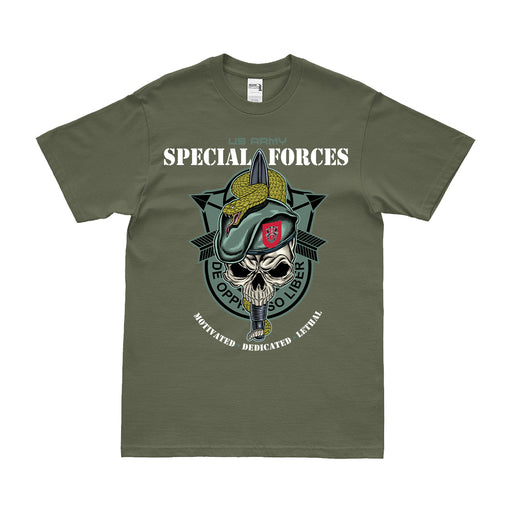 7th Special Forces Group (7th SFG) Snake Eaters Skull T-Shirt Tactically Acquired Small Military Green 