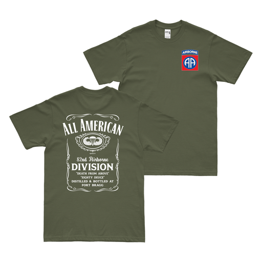 Double-Sided 82nd Airborne All American Whiskey Label T-Shirt Tactically Acquired Military Green Small 