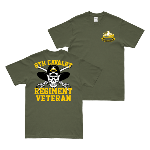 Double-Sided 8th Cavalry Regiment Sabers Skull Veteran T-Shirt Tactically Acquired Military Green Small 