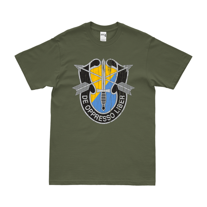 8th SFG (A) De Oppresso Liber Emblem T-Shirt Tactically Acquired Military Green Distressed Small