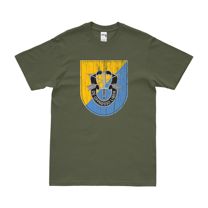 8th Special Forces Group (8th SFG) Beret Flash T-Shirt Tactically Acquired Military Green Distressed Small