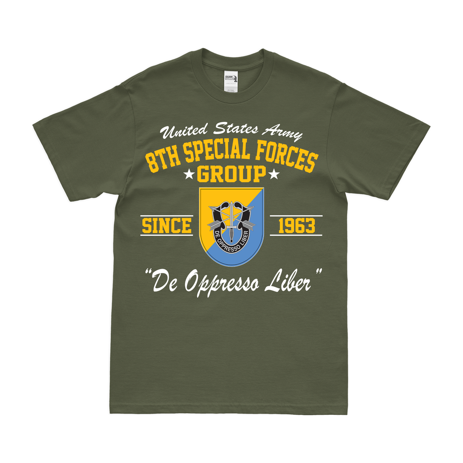 8th Special Forces Group (8th SFG) Since 1963 T-Shirt Tactically Acquired Military Green Clean Small