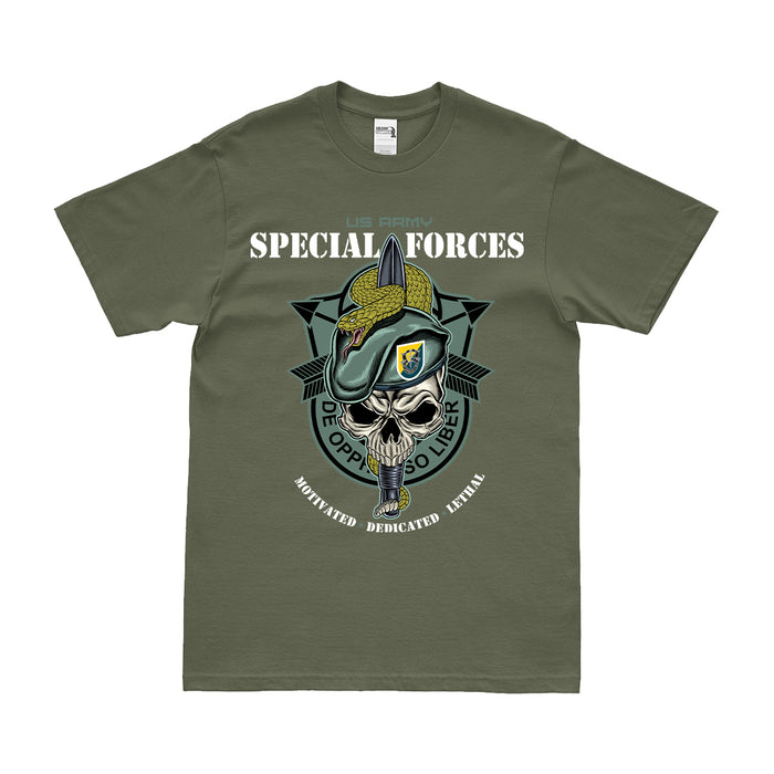 8th Special Forces Group (8th SFG) Snake Eaters Skull T-Shirt Tactically Acquired Small Military Green 