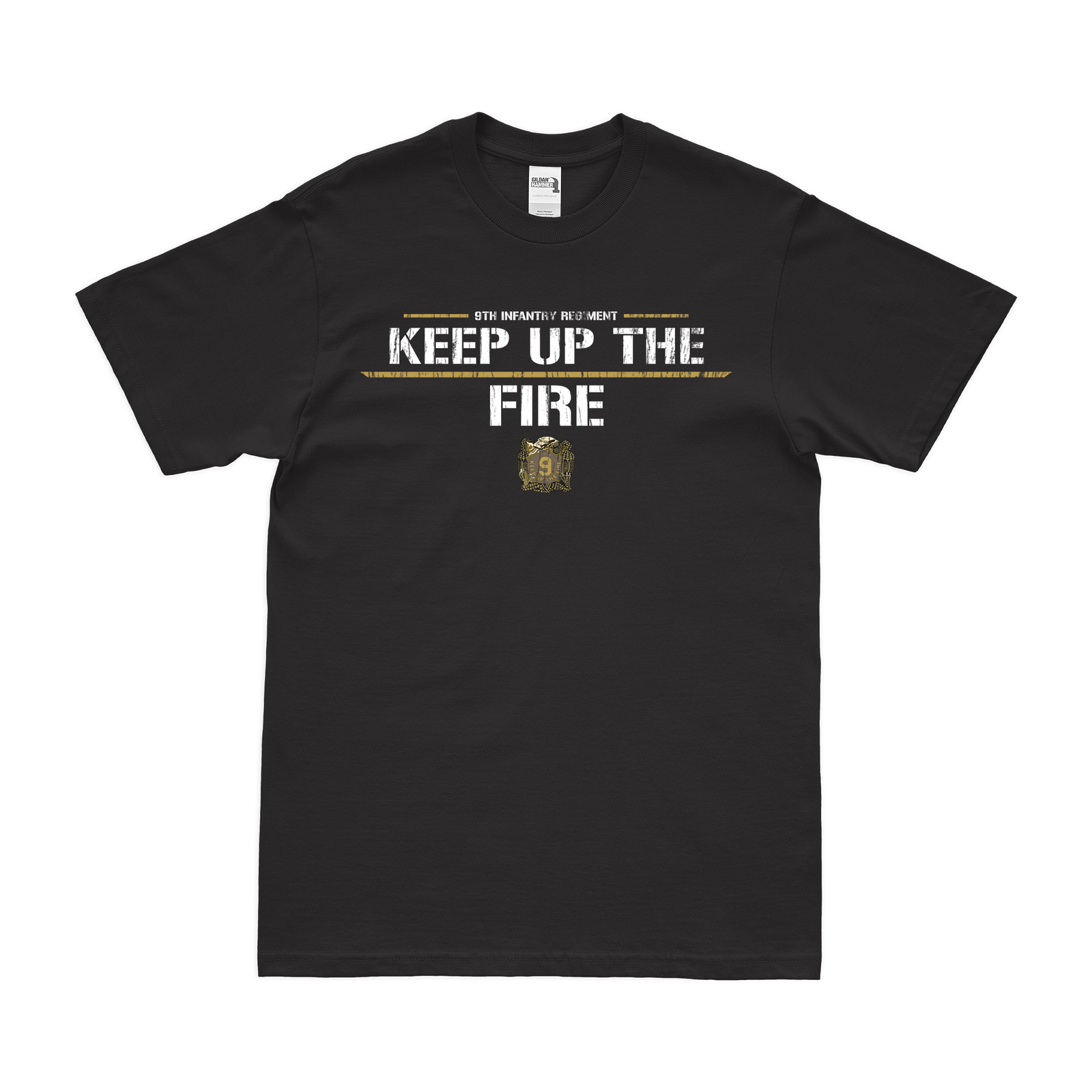 9th Infantry Regiment 'Keep Up the Fire' Motto T-Shirt Tactically Acquired Black Distressed Small