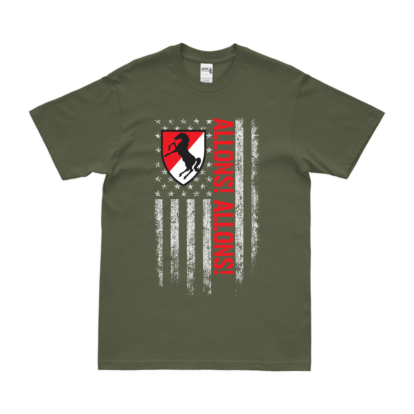 11th ACR Allons! Allons! Motto American Flag T-Shirt Tactically Acquired Military Green Small 