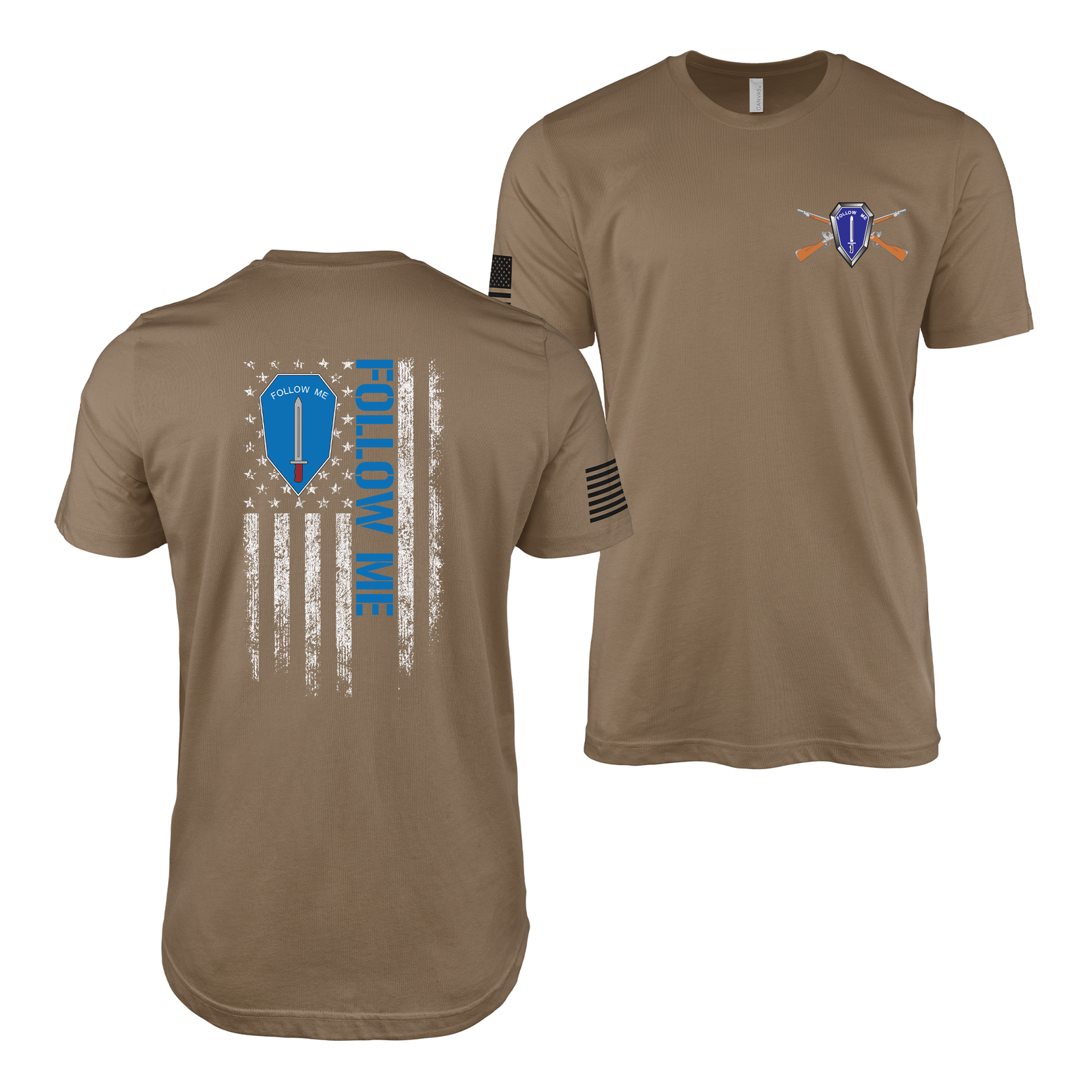 Double-Sided Infantry Follow Me American Flag T-Shirt Tactically Acquired Woodland Brown Small 