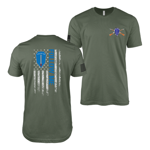 Double-Sided Infantry Follow Me American Flag T-Shirt Tactically Acquired Military Green Small 