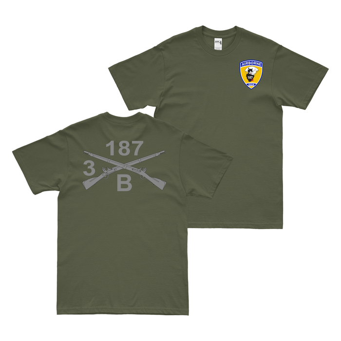 Double-Sided B Co 3-187 IN Crossed Rifles T-Shirt Tactically Acquired Military Green Small 