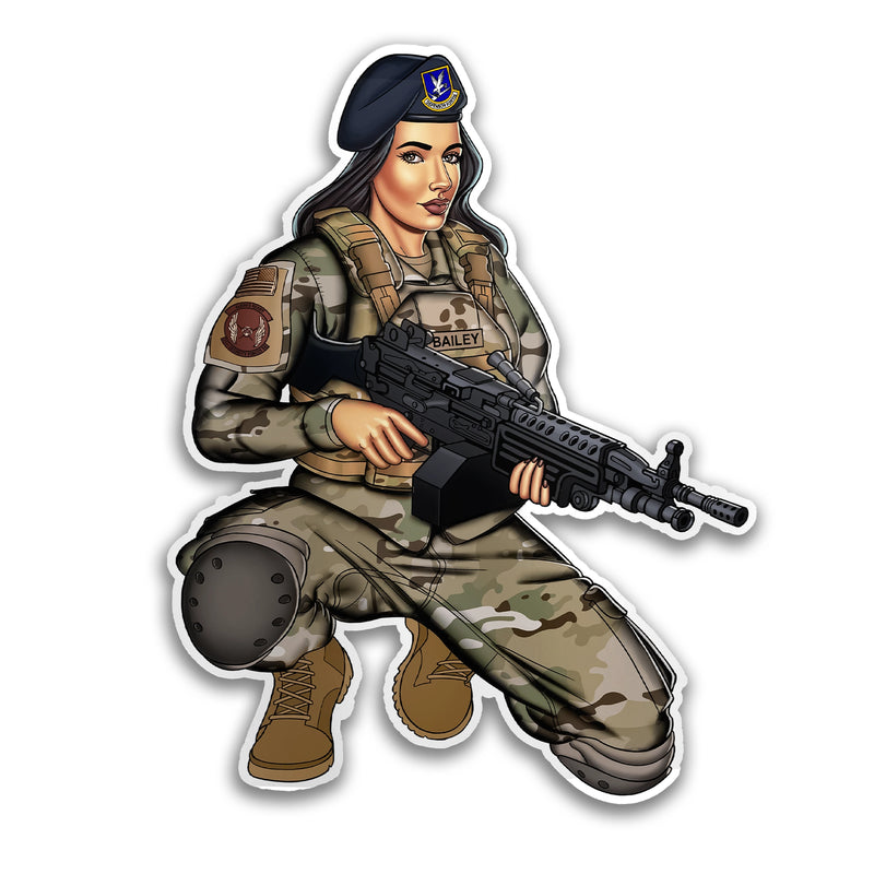 Bailey Pin-Up Girl USAF Security Forces M249 SAW Gunner Decal – 4" x 4" Waterproof Sticker
