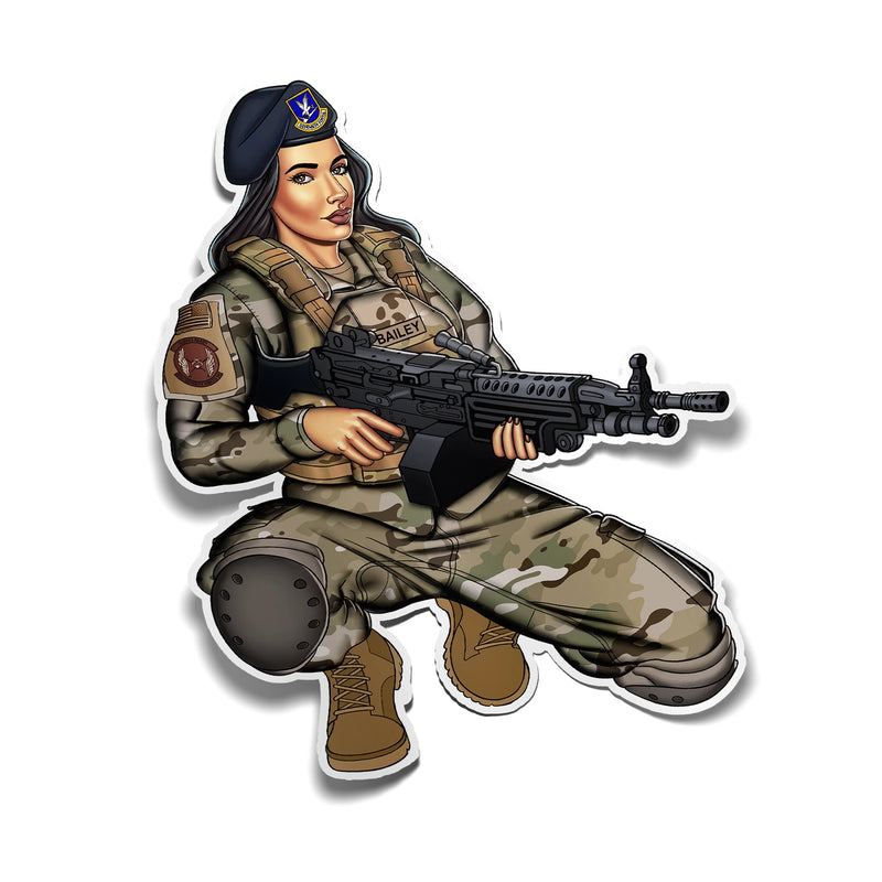 Bailey Pin-Up Girl USAF Security Forces M249 SAW Gunner Decal – 4" x 4" Waterproof Sticker