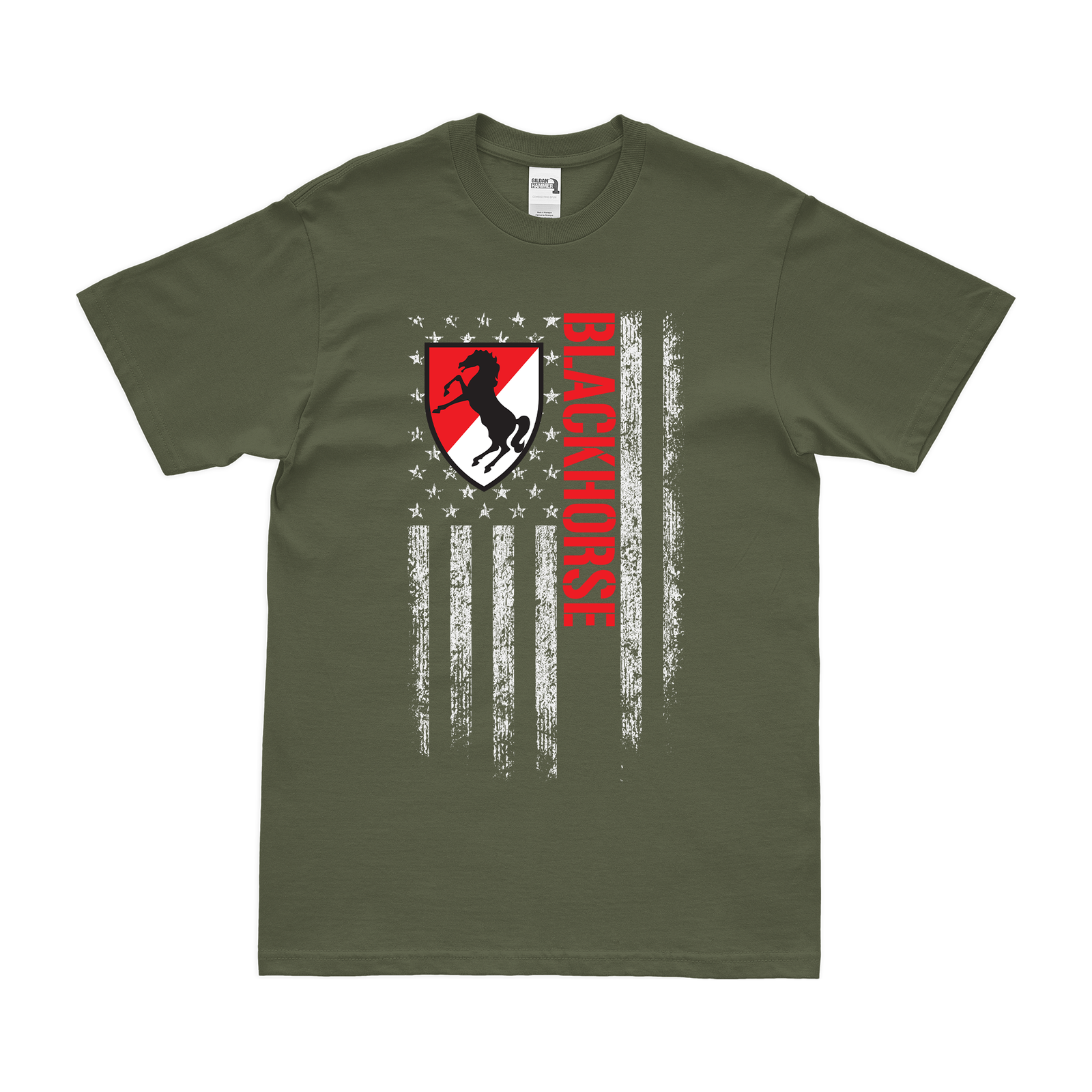 11th ACR 'Blackhorse' Nickname American Flag T-Shirt Tactically Acquired Military Green Small 