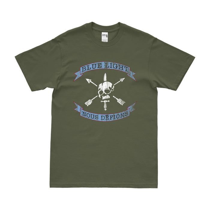 Distressed U.S. Army Blue Light "Nous Defions" Logo Emblem T-Shirt Tactically Acquired Small Military Green 