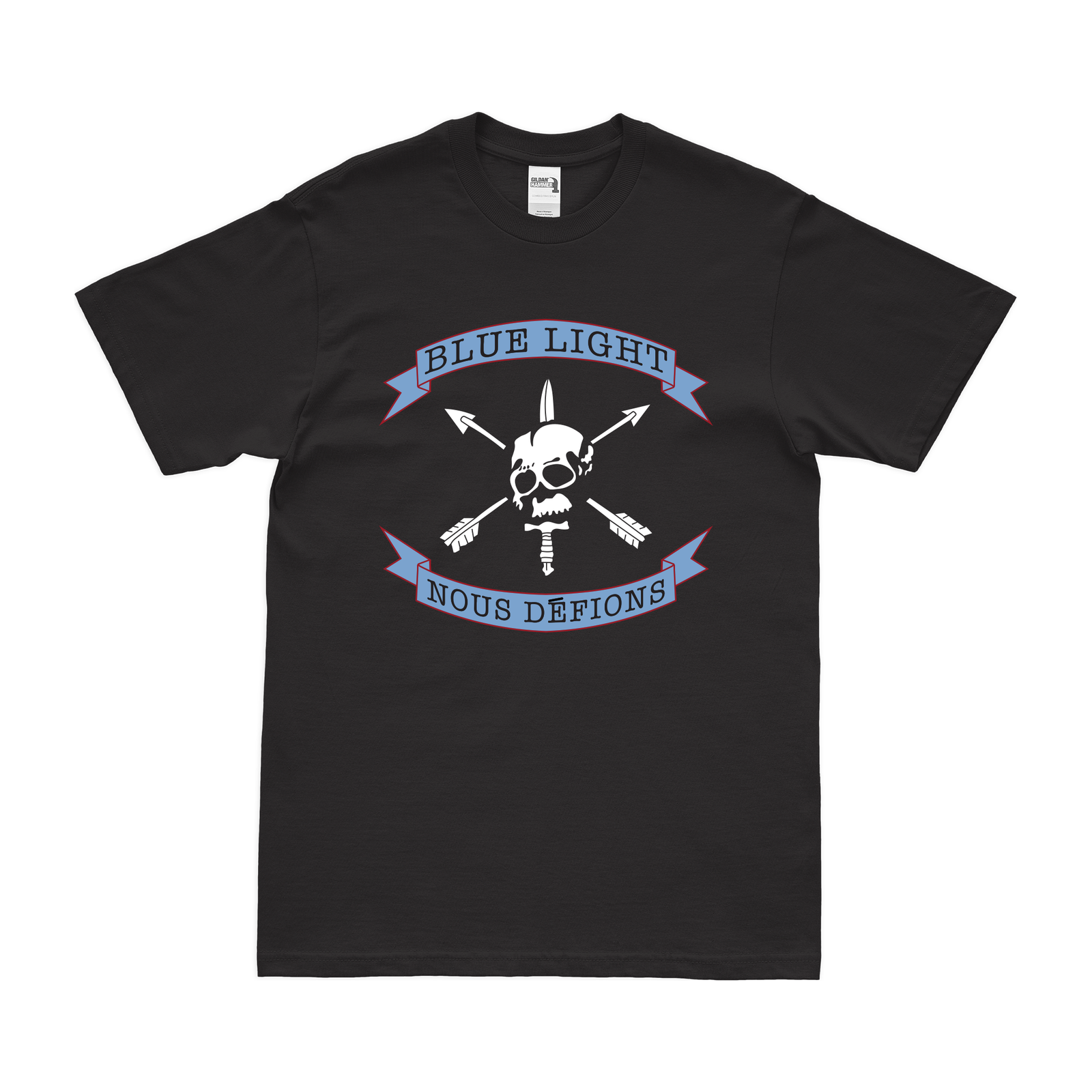 U.S. Army Blue Light "Nous Defions" Logo Emblem T-Shirt Tactically Acquired Small Black 