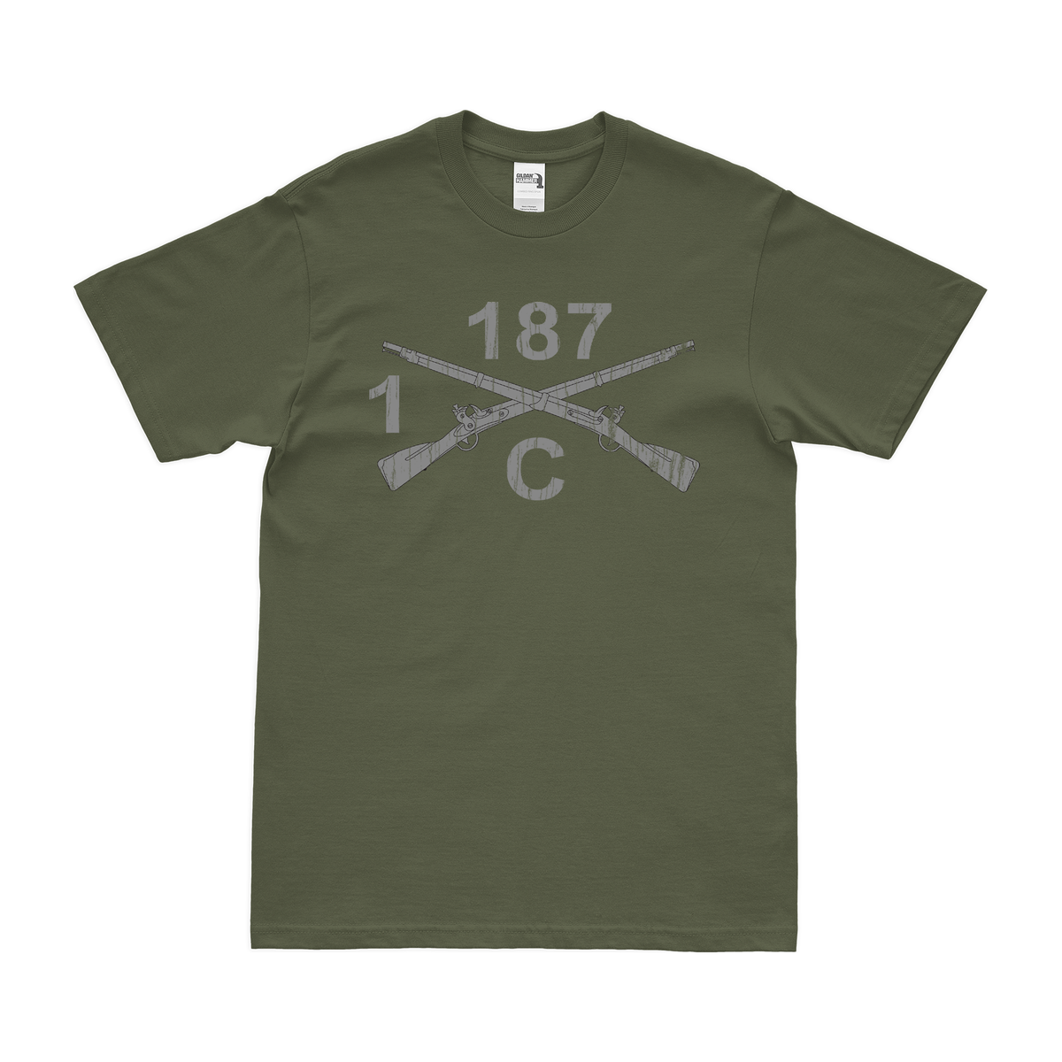 C Co, 1-187 IN, 3BCT Crossed Rifles T-Shirt Tactically Acquired Military Green Distressed Small