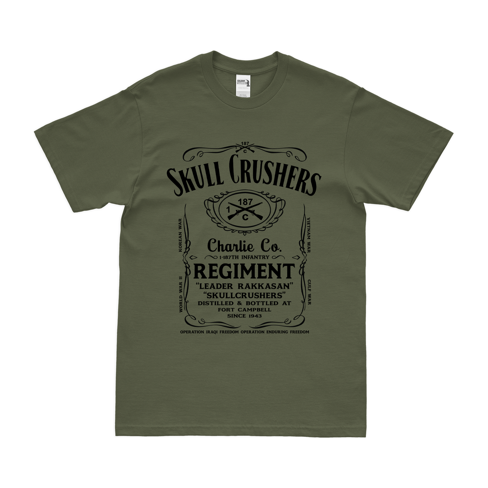 C Co, 1-187 IN, 3BCT Whiskey Label T-Shirt Tactically Acquired Military Green Small 