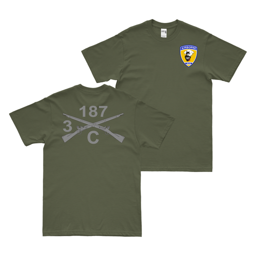 Double-Sided C Co 3-187 IN Crossed Rifles T-Shirt Tactically Acquired Military Green Small 