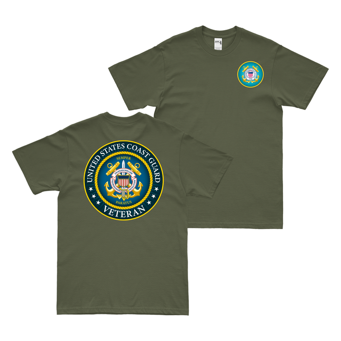 Double-Sided U.S. Coast Guard Veteran Emblem T-Shirt Tactically Acquired Small Military Green 