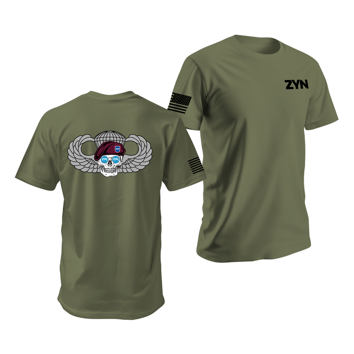 Zyn Airborne Paratrooper Jump Wings Skull T-Shirt Tactically Acquired Military Green Small Cool Mint