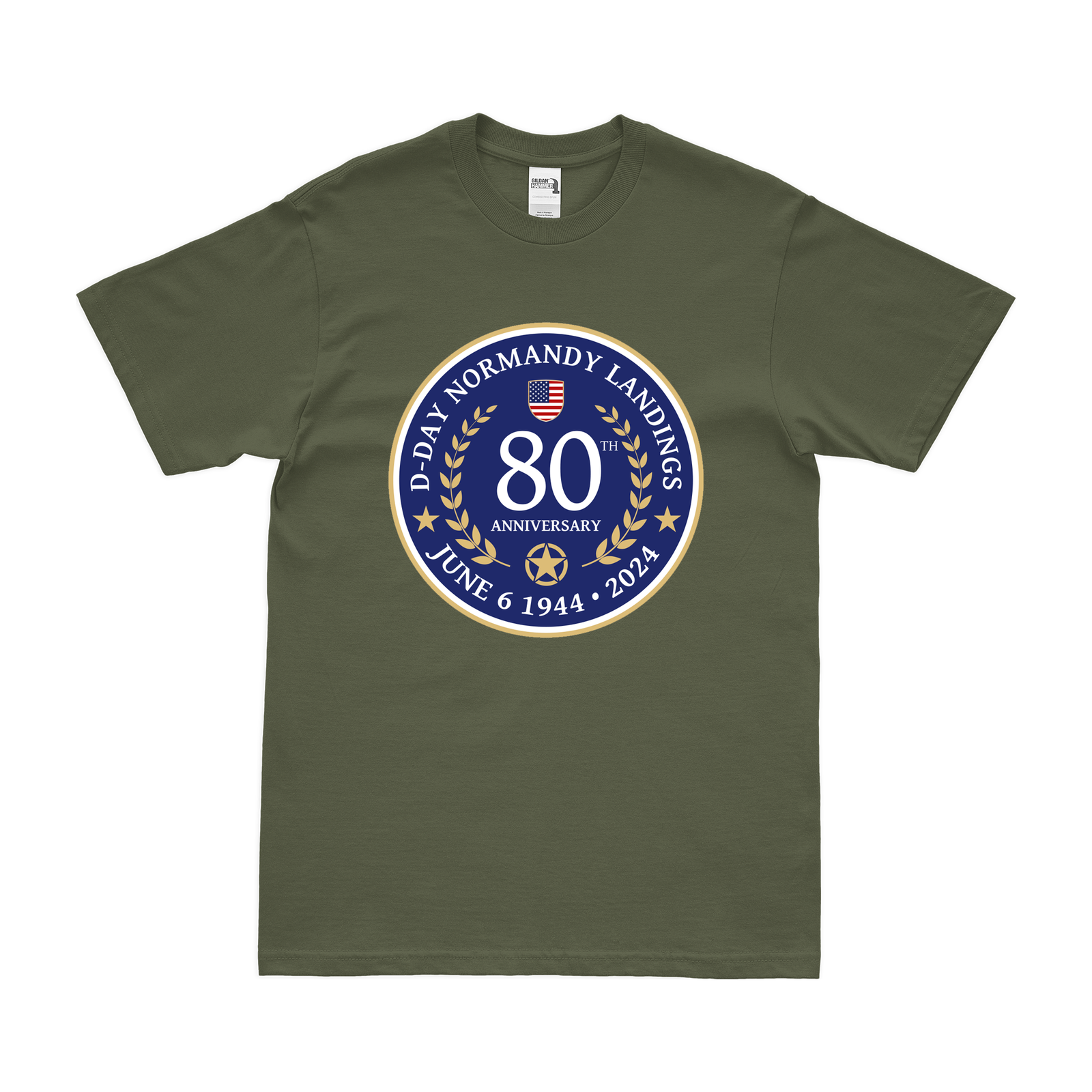 D-Day 80th Anniversary 1944-2024 Commemorative WW2 Emblem T-Shirt Tactically Acquired Military Green Clean Small