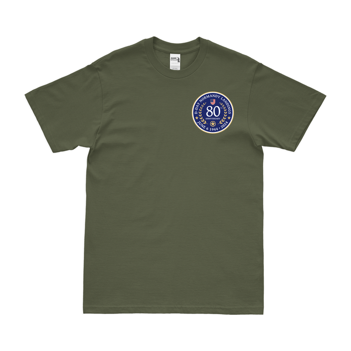 D-Day 80th Anniversary 1944-2024 Left Chest WW2 Emblem T-Shirt Tactically Acquired Military Green Small 