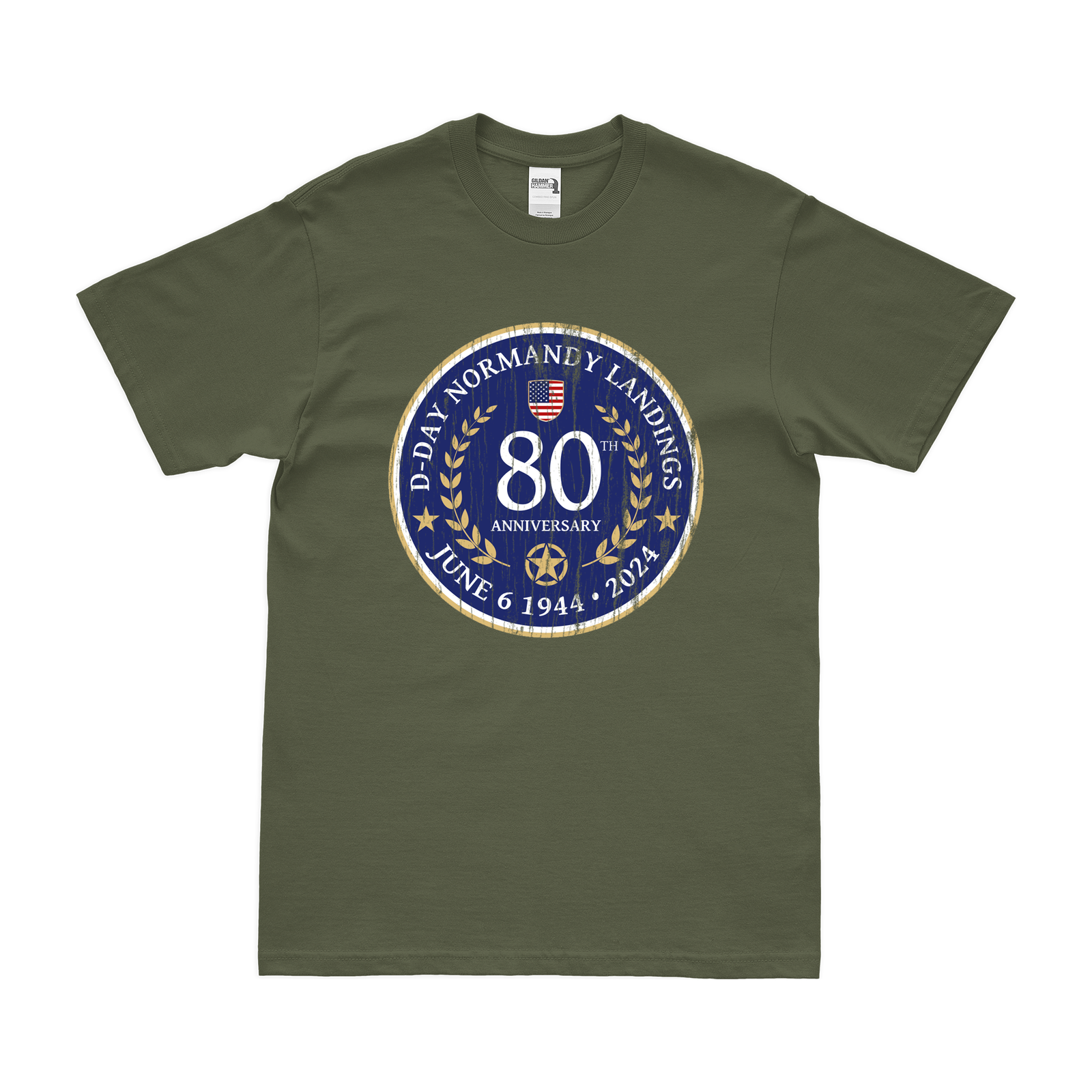D-Day 80th Anniversary 1944-2024 Commemorative WW2 Emblem T-Shirt Tactically Acquired Military Green Distressed Small