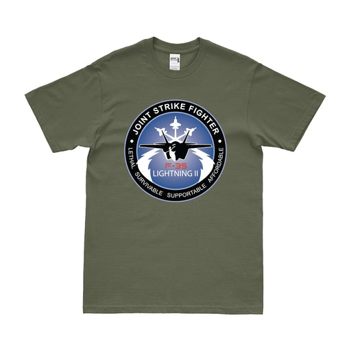 F-35 Lightning II Stealth Combat Aircraft Logo T-Shirt Tactically Acquired Small Military Green 