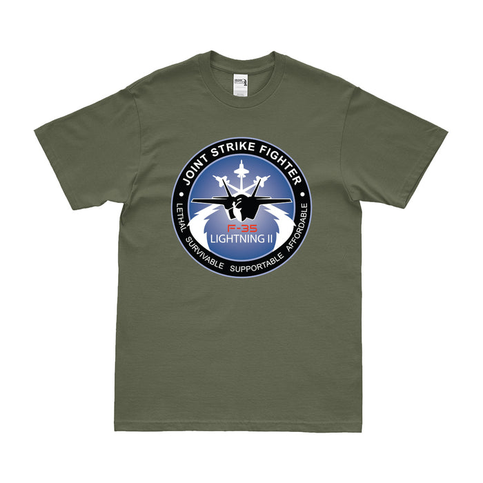 F-35 Lightning II Stealth Combat Aircraft Logo T-Shirt Tactically Acquired Small Military Green 