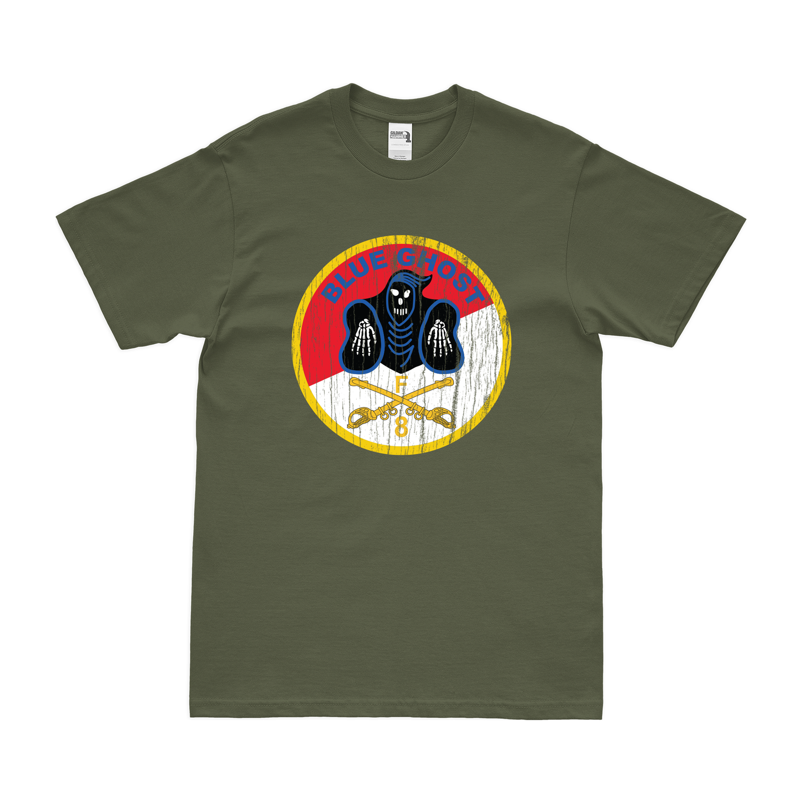 F Troop 8th Cavalry Regiment "Blue Ghost" T-Shirt Tactically Acquired Military Green Distressed Small