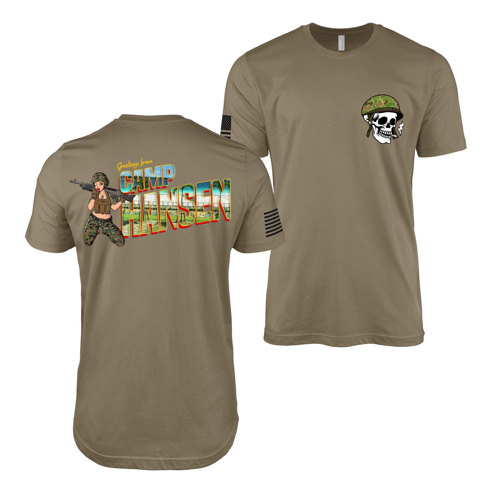 Greetings From Camp Hansen Yesi Pin Up Girl T-Shirt Tactically Acquired Coyote Brown S