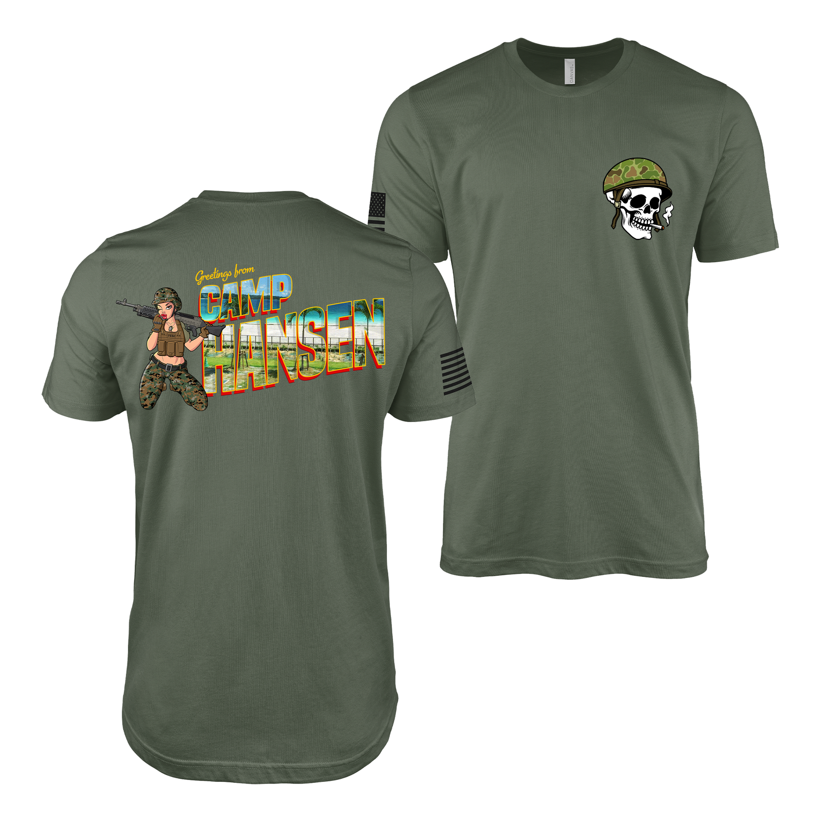 Greetings From Camp Hansen Yesi Pin Up Girl T-Shirt Tactically Acquired Military Green S