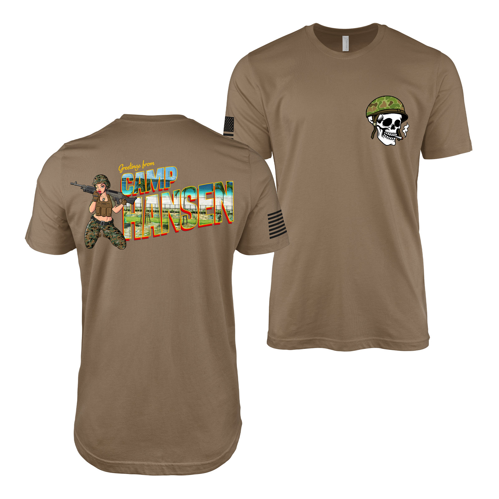 Greetings From Camp Hansen Yesi Pin Up Girl T-Shirt Tactically Acquired Woodland Brown S