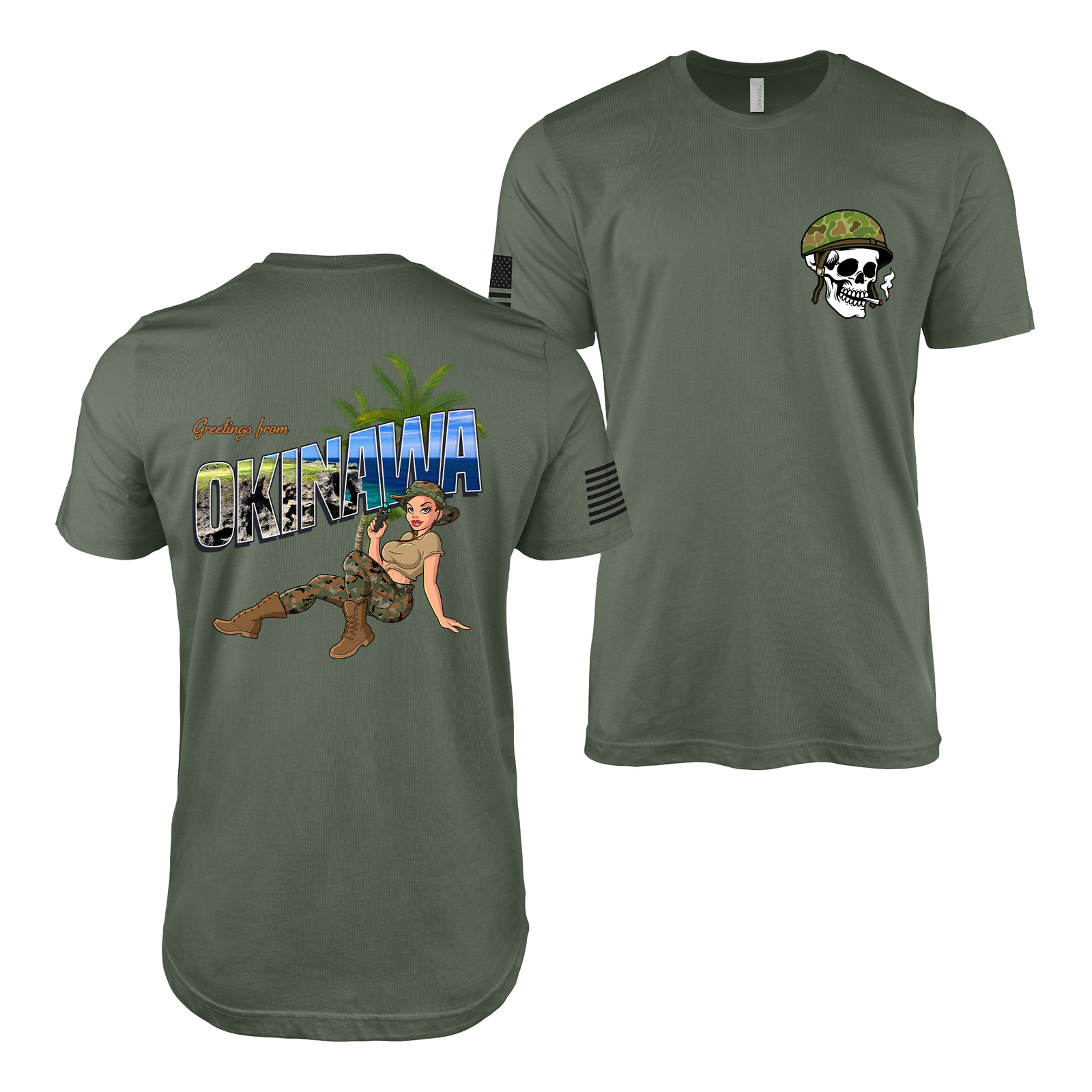 Yesi's Greetings From Okinawa Pin-Up T-Shirt Tactically Acquired Military Green S