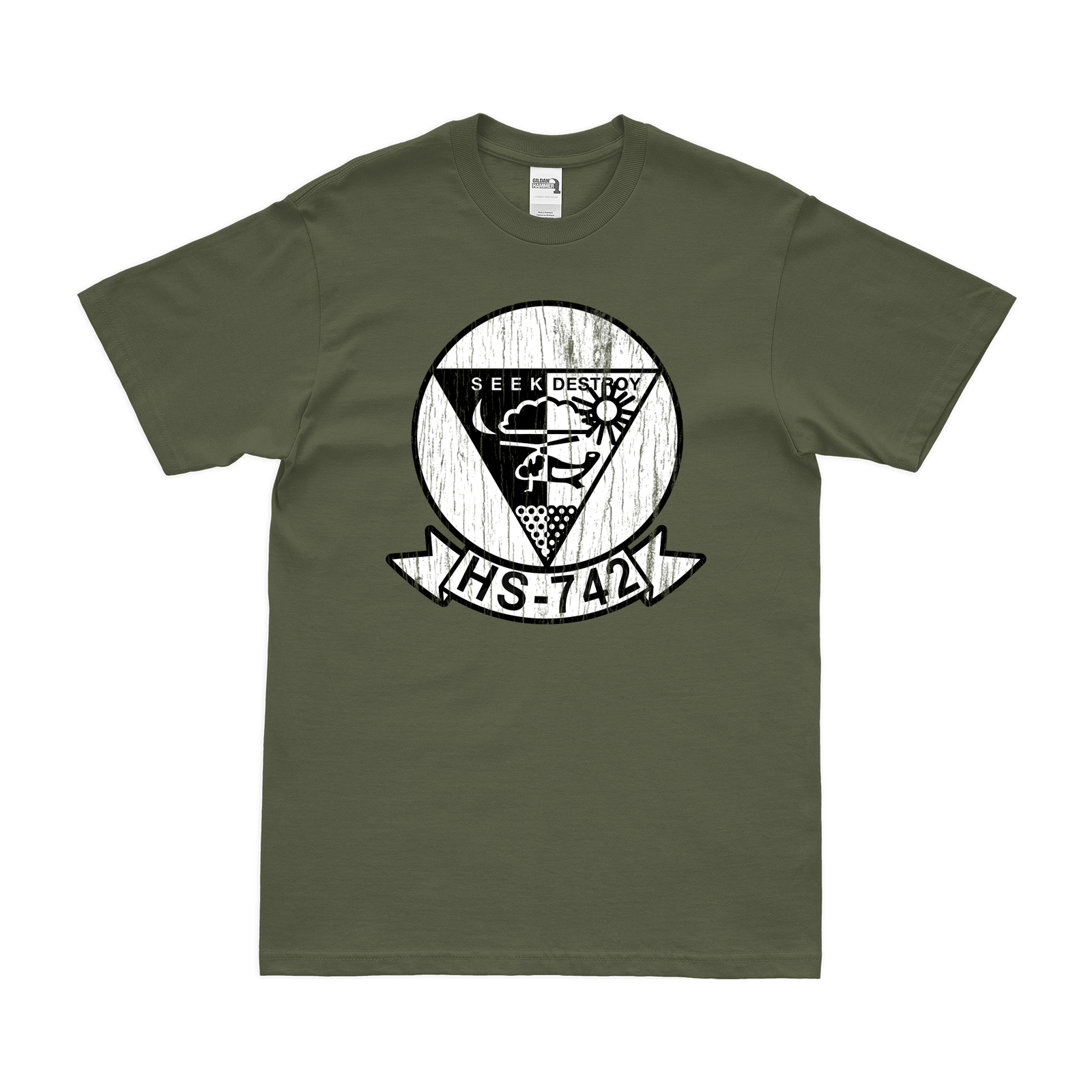 Helicopter Anti-Submarine Squadron 742 (HS-742) T-Shirt Tactically Acquired Military Green Distressed Small