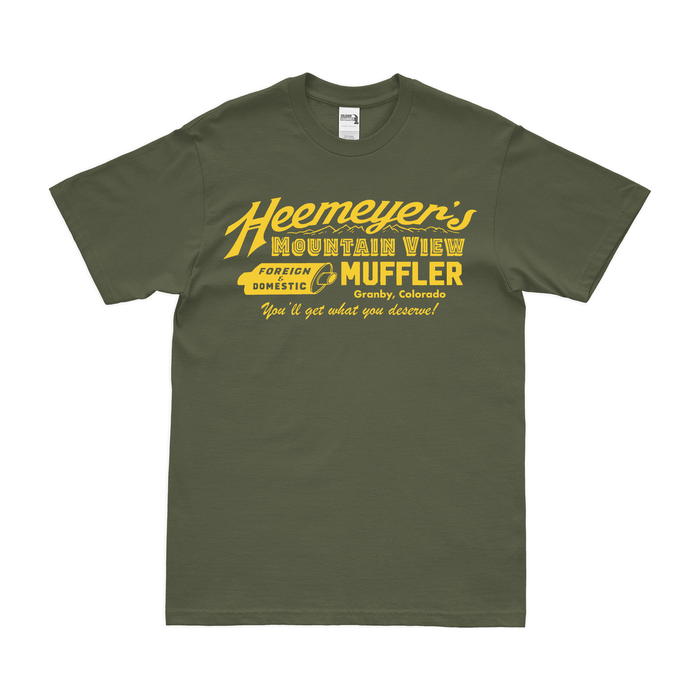 Vintage Heeymeyer's Mountain View Muffler Shop Granby Colorado Killdozer T-Shirt Tactically Acquired Military Green Clean Small