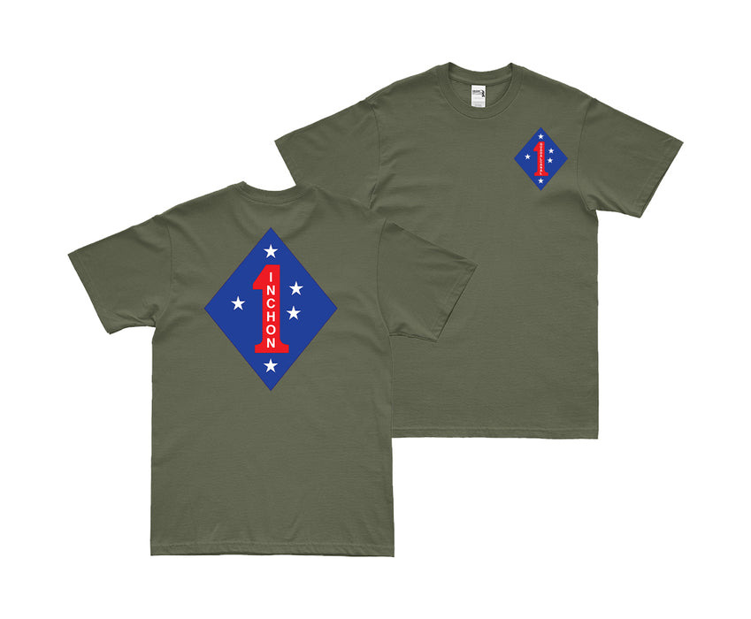 Double-Sided 1st Marine Division Battle of Inchon T-Shirt Tactically Acquired Small Military Green 